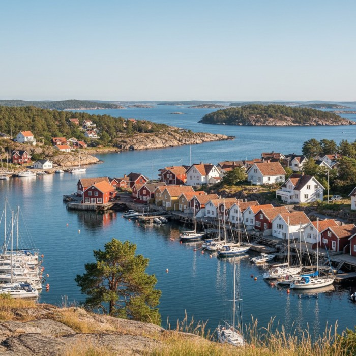 A small coastal town with houses, boats and docks.