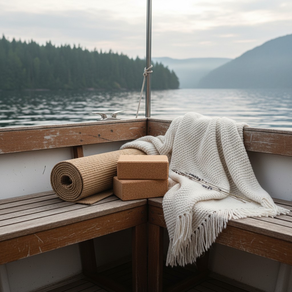 A serene scene on a boat, with yoga mats, blocks, and a blanket placed on a wooden bench, set against a stunning lake and ...