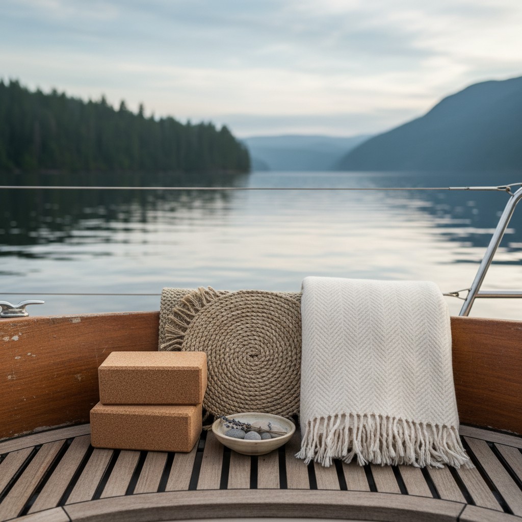 A serene boat deck featuring a variety of items, including a white blanket, yoga mats, and cushion, situated at the edge o...