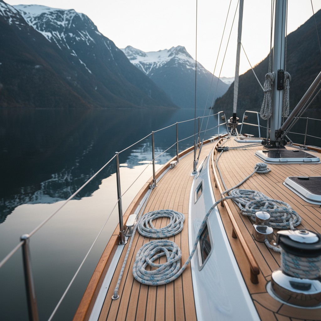 A white and wooden sailboat with ropes and pulleys on its deck, surrounded by dark blue water and snow-capped mountains.
