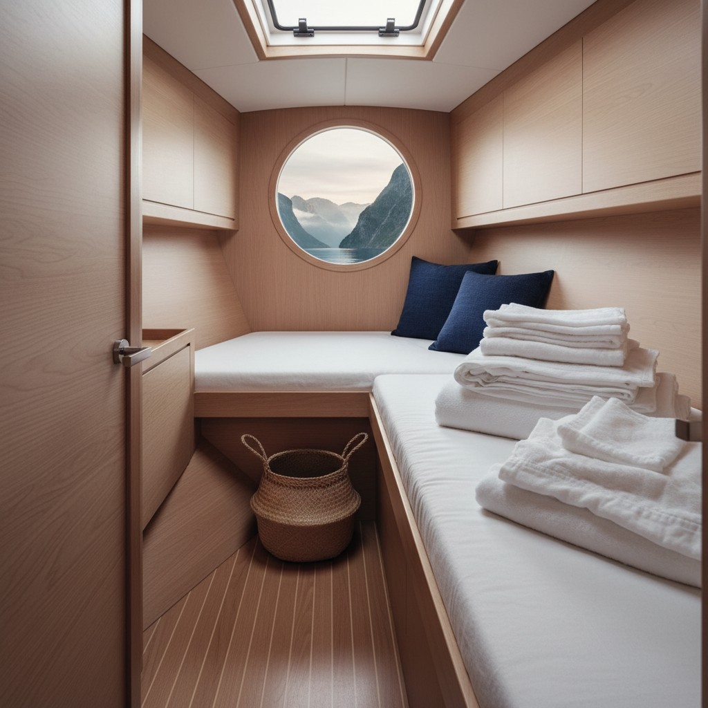 A cozy room on a boat featuring light-colored wood paneling, and circular porthole, two white beds with navy-blue pillows,...