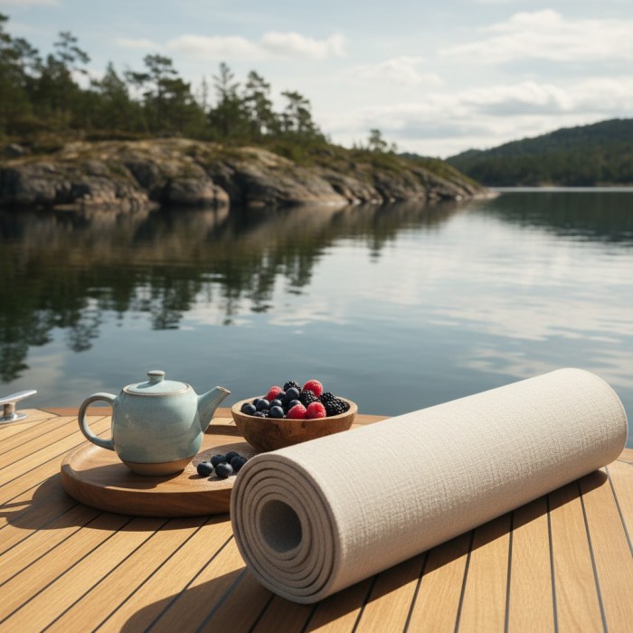 An unrolled white yoga mat lies on a wooden deck overlooking a serene body of water under a bright and peaceful daytime sky.