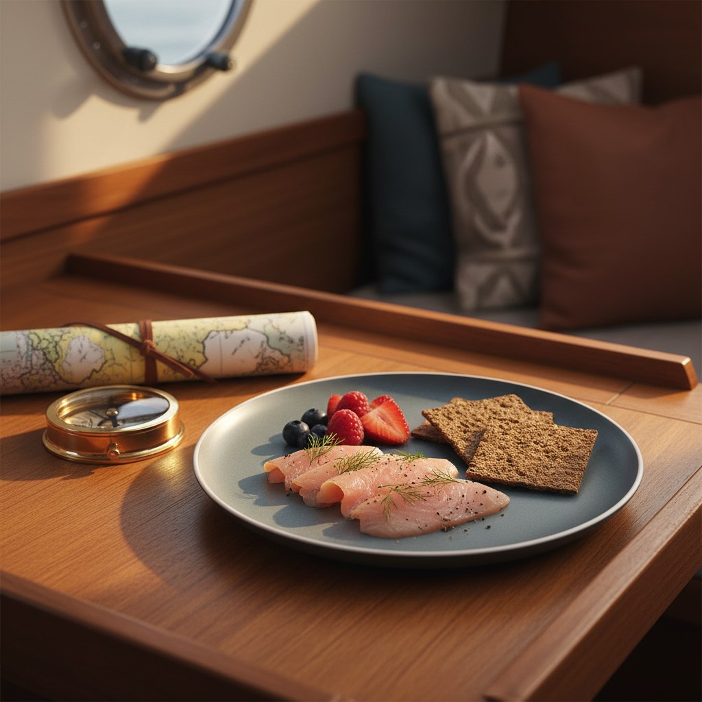A plate of food and a travel-themed compass on a wooden tray. The plate contains smoked salmon, crackers, berries, and oth...