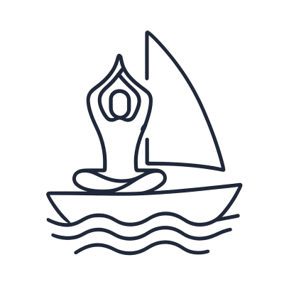 A stylized image of a sailboat, with a navy blue sail and the letter 'q' prominently displayed. The design is outlined in ...