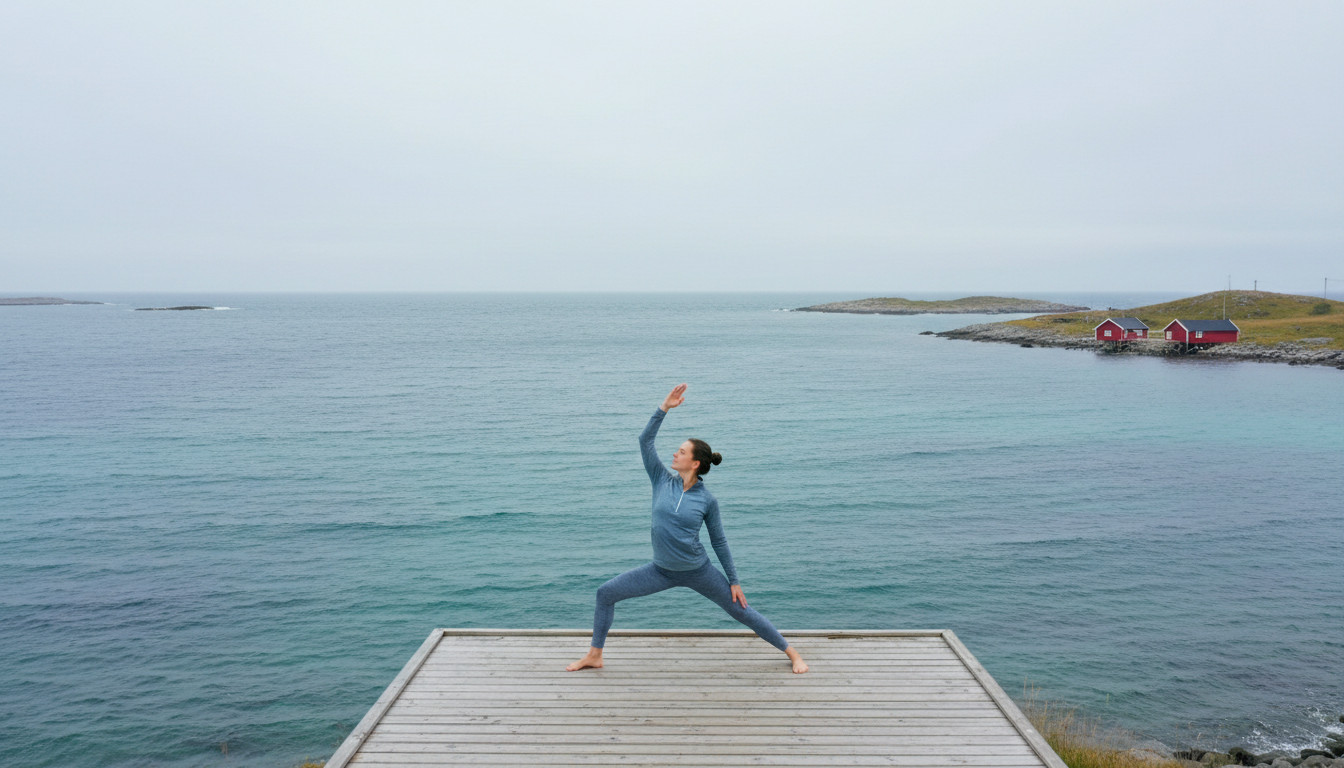 female practising yoga, Norwegian ocean scene, no mountains