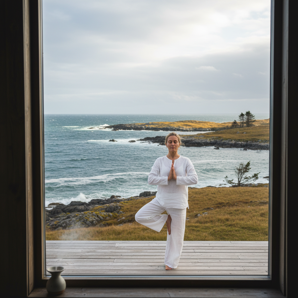 A view through a glass window showing a female practicing yoga beside an ocean. The ocean looks Norwegian—clean, crisp, blue water and rocky or grassy coastline, with no mountains in sight. The scene is peaceful, natural, and focused on mindfulness.