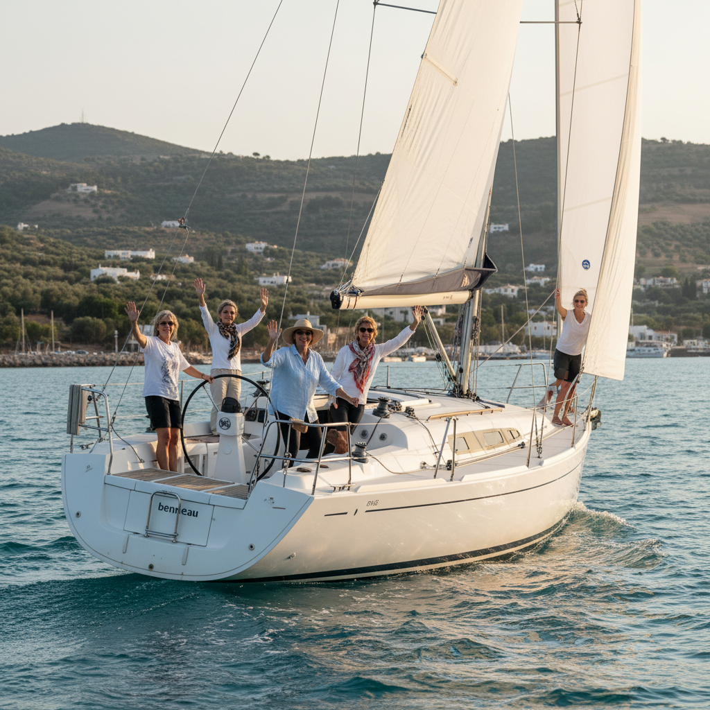 Beneteau First sailing boat with women aged 35-65 waving from onboard