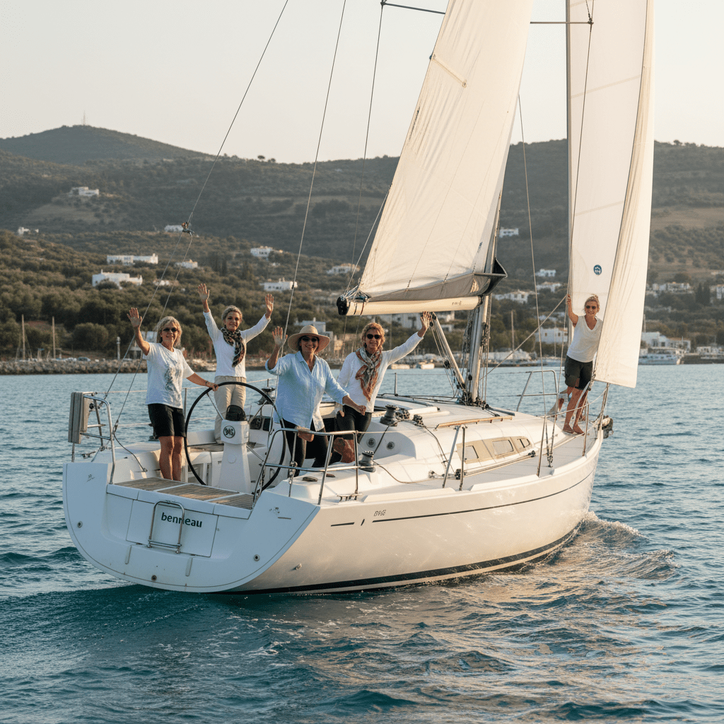 Beneteau First sailing boat with women aged 35-65 waving from onboard