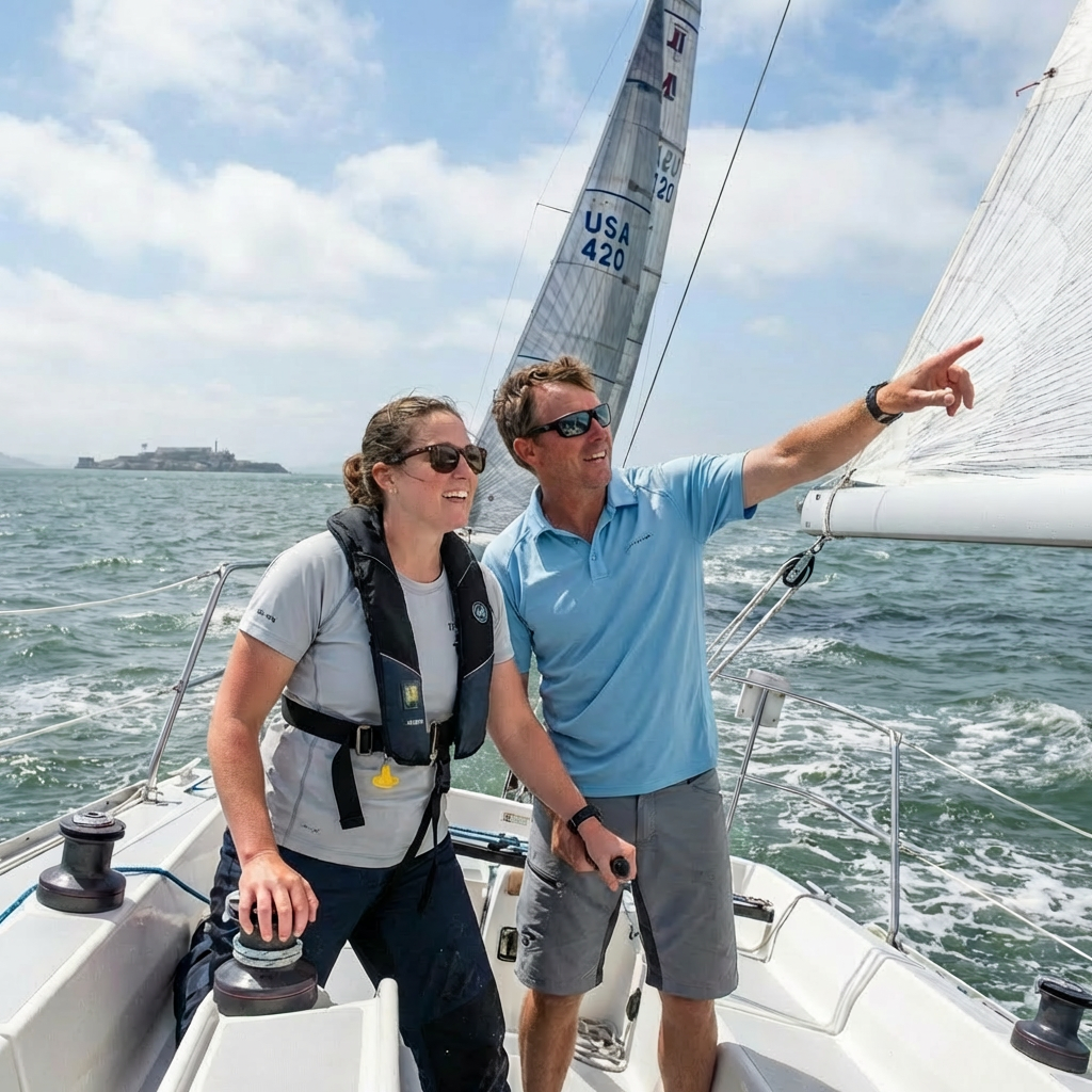 Two sailors on a boat in San Francisco Bay with the Golden Gate Bridge in the distance.